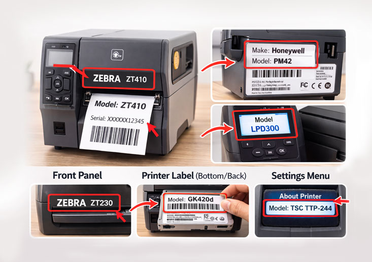 Printer model label for finding replacement printheads
